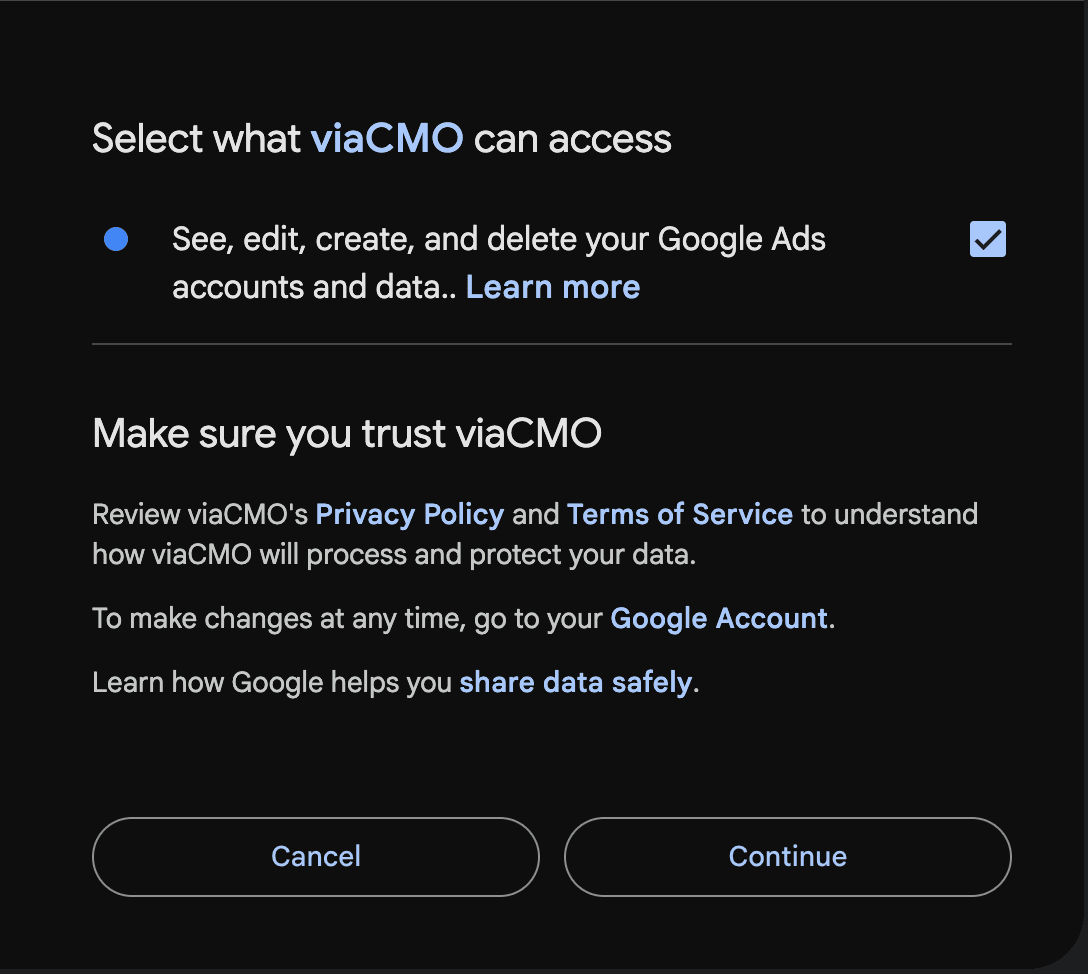 Google account consent screen showing viaCMO's verified app requesting Google Ads access